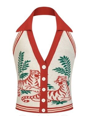 Sleeveless Halter Knit Vest with Red Tiger Motif